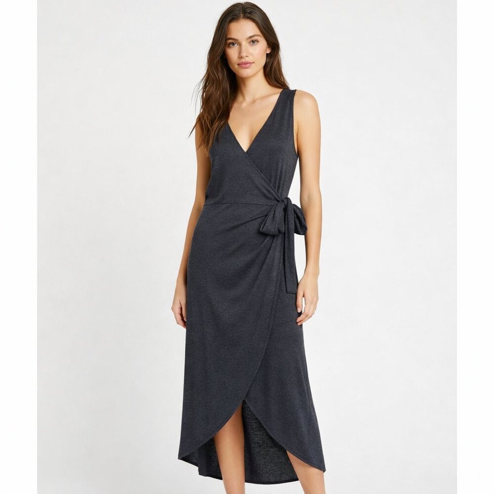 Gap True Wrap Sleeveless Deep Charcoal Gray/Black Knit Midi Dress M